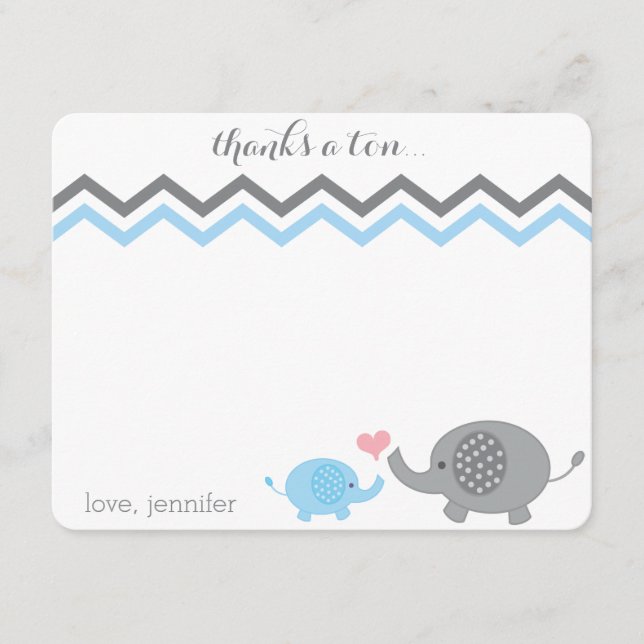 Elephant Baby Shower Tack Blue Grått Chevron Anteckningskort (Framsida)