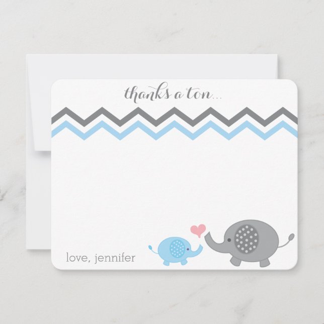 Elephant Baby Shower Tack Blue Grått Chevron Anteckningskort (Framsida)