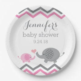 Elephant Baby Shower Tallrikar | Rosa Grått Chevro