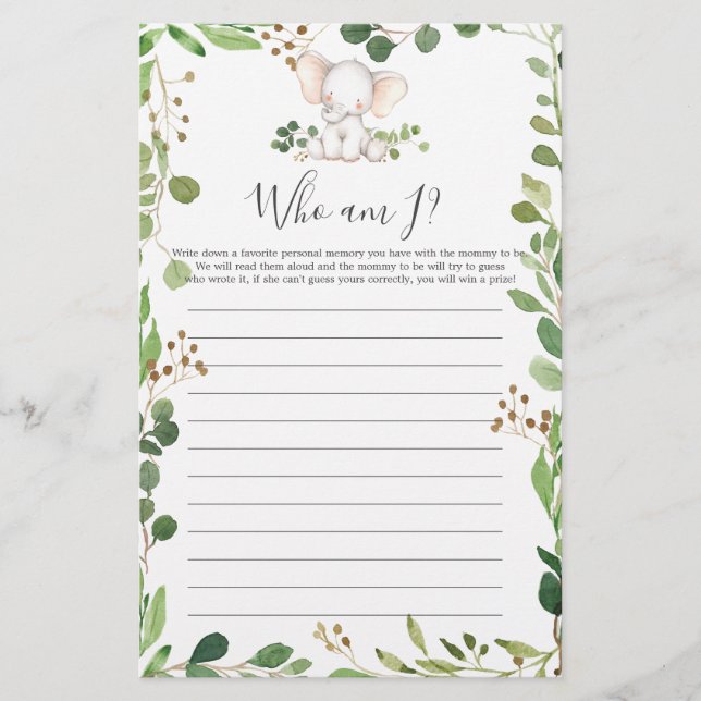 Elephant Baby Shower Vem är jag? (Framsida)
