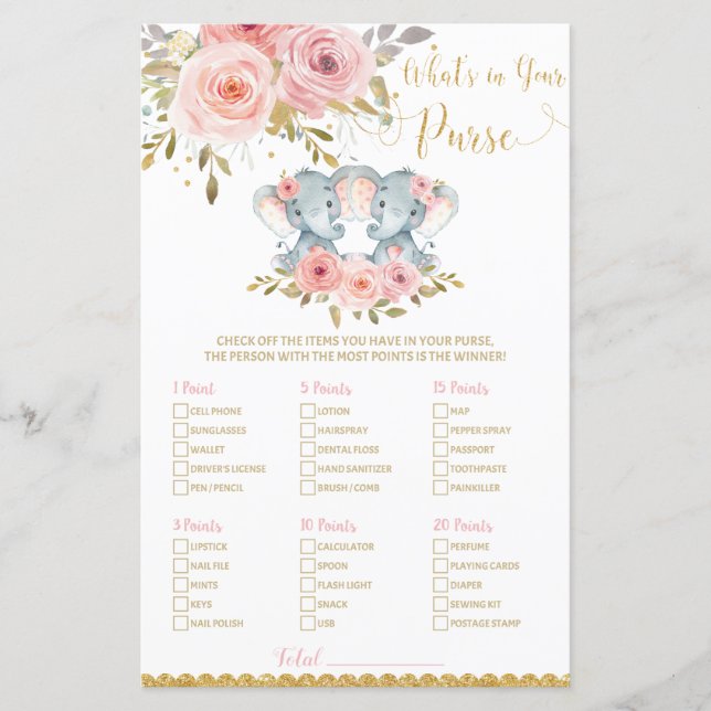 Elephant Baby Shower What's in Your Purse Game (Framsida)