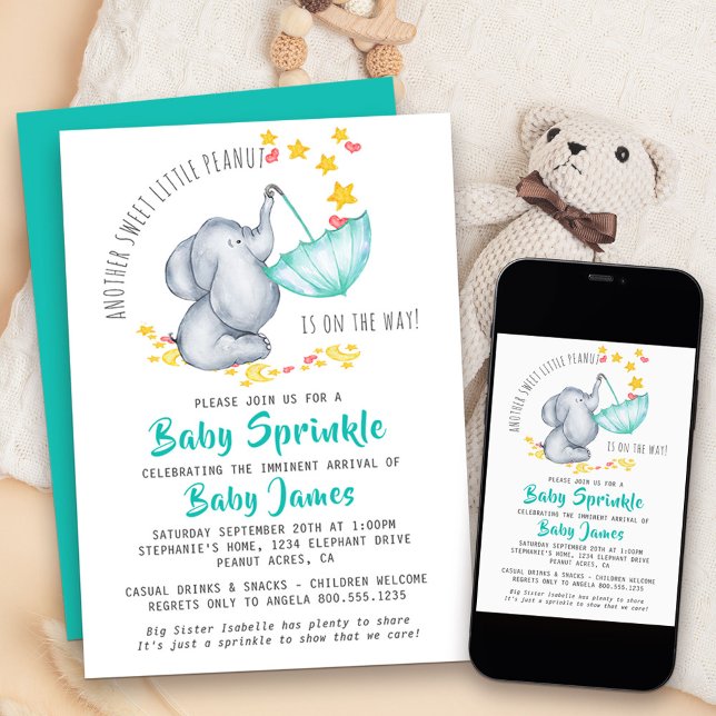 Elephant Baby Sprinkle ytterligare Sweet Little Pe Inbjudningar (Baby Elephant Baby Sprinkle invitation for another sweet little peanut!)