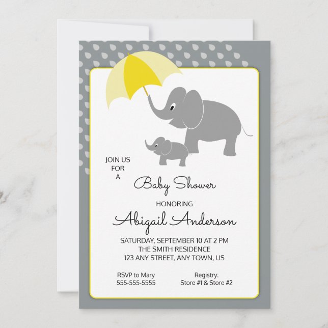 Elephant & Baby, Umbrella Baby Shower-inbjudan Inbjudningar (Framsida)