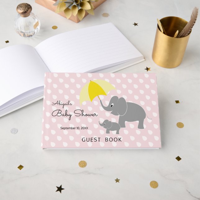 Elephant & Baby Umbrella, Rosa Baby Shower Gästböcker (Framsida öppen)