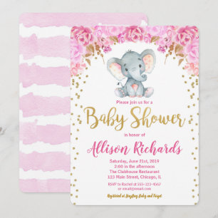 Elephant-babyduschinbjudan rosa guld inbjudningar