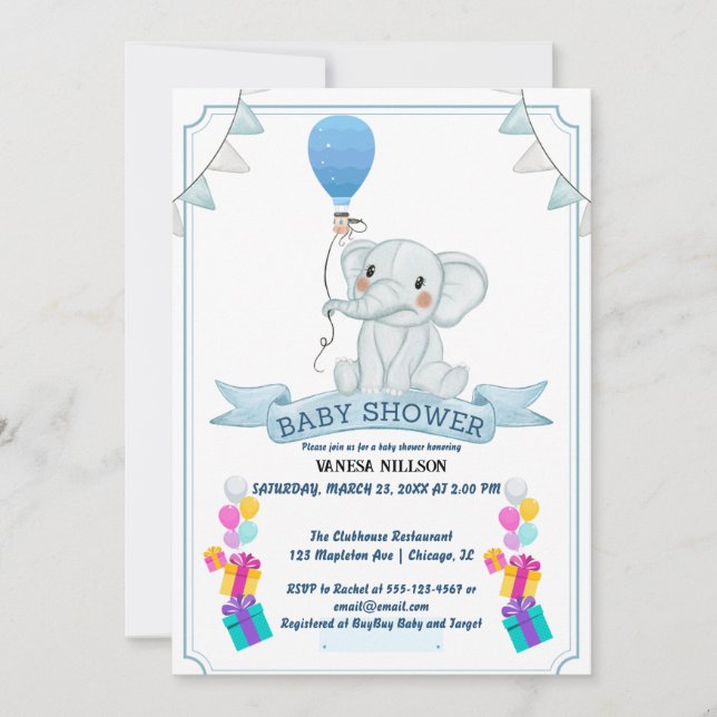 Elephant Balloon Baby Bash-inbjudan Inbjudningar (Framsida)