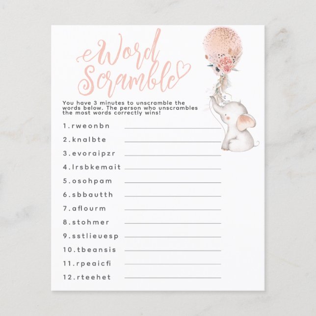 Elephant Balloon Baby Shower Game Baby Scramble (Framsida)
