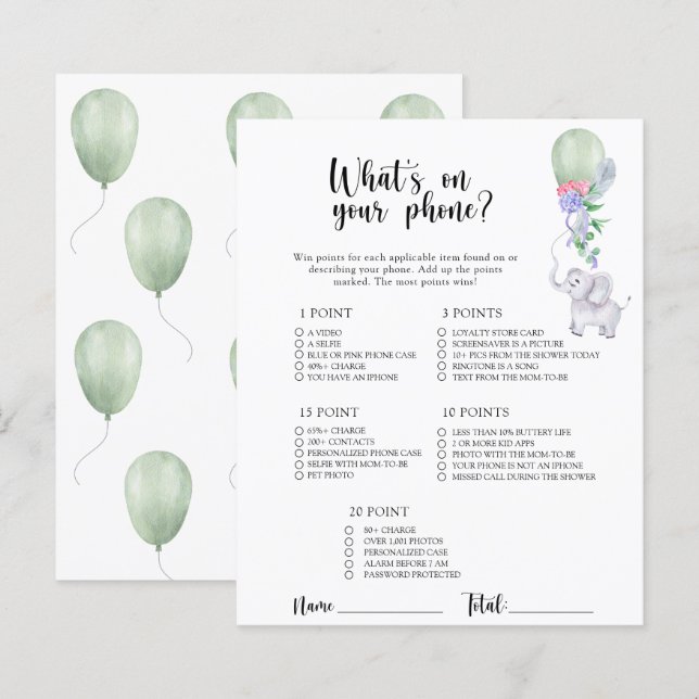 Elephant & Balloon - Vad finns på din telefon spel (Fram/baksida)