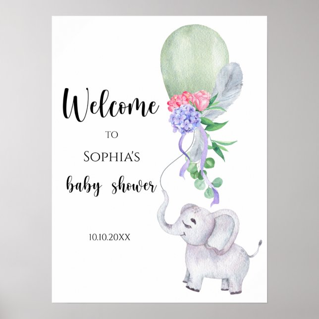 Elephant & Balloon Välkomstbabydusch Poster (Framsidan)