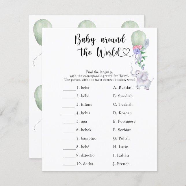 Elephant & Balloon - värld runt-spelet Baby (Fram/baksida)