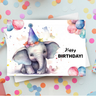 Elephant Balloons och Party Hat Grattis på födelse Kort