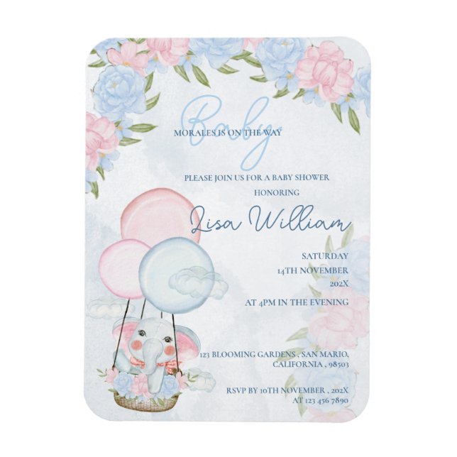 Elephant Balloons Rosa Blommigt Baby Shower Inbjud Magnet (Vertikal)