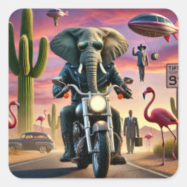 Elephant Biker Surreal Desert Ride Fyrkantigt Klistermärke