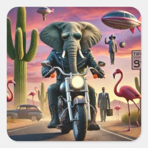 Elephant Biker Surreal Desert Ride Fyrkantigt Klistermärke
