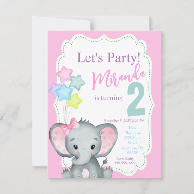 Elephant Birthday-inbjudan, Flickfödelsedag inbjud Inbjudningar (Framsida)