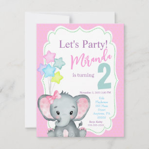 Elephant Birthday-inbjudan, Flickfödelsedag inbjud Inbjudningar