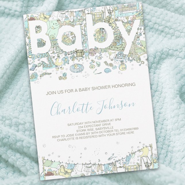 Elephant björn giraffe Watercolor Blue Inbjudningar (Boy baby shower invitation )