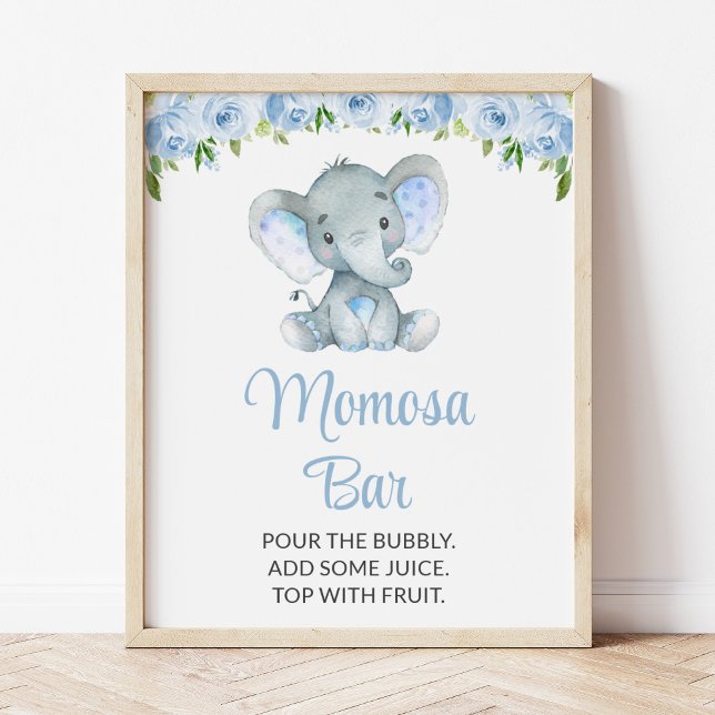 Elephant, Blåa blommor, Baby Shower Momosa Pub Poster (Skapare uppladdad)