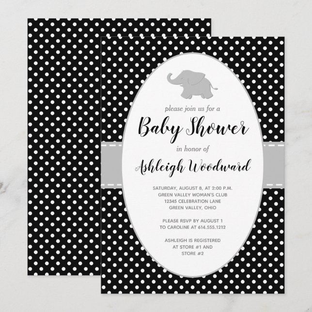 Elephant Black White Polka Dot Baby Shower Inbjudningar (Fram/baksida)