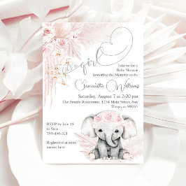 Elephant Blash Rosa Flower Boho Baby Shower Inbjudningar