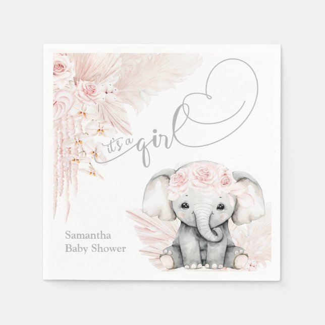Elephant Blash Rosa Flower Boho Baby Shower Pappersservett (Framsidan)