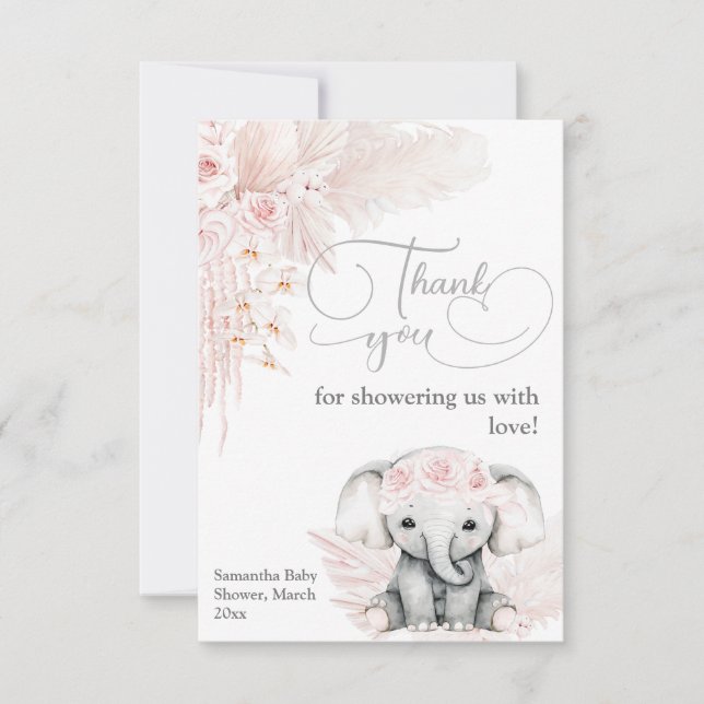 Elephant Blash Rosa Flower Boho Baby Shower Tack Kort (Framsida)