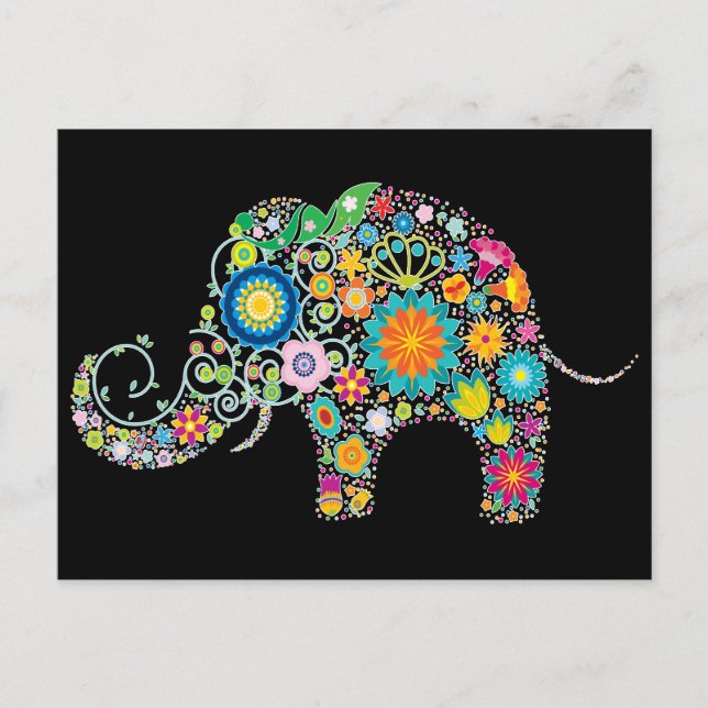Elephant Blommigt Art Vykort (Framsida)