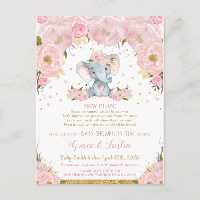 Elephant  Blommigt Baby Shower by Mail Girl Vykort (Framsida)