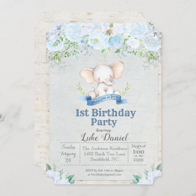 Elephant Blommigt Boy 1st Birthday Party bjudande Inbjudningar (Fram/baksida)