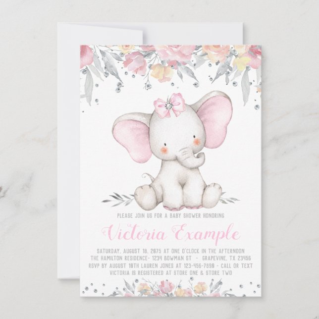 Elephant Blommigt Diamond Girl Baby Shower Inbjudningar (Framsida)