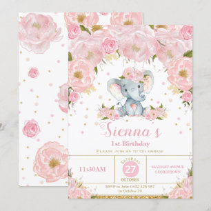 Elephant Blommigt Födelsedagsfest inbjudan Girl