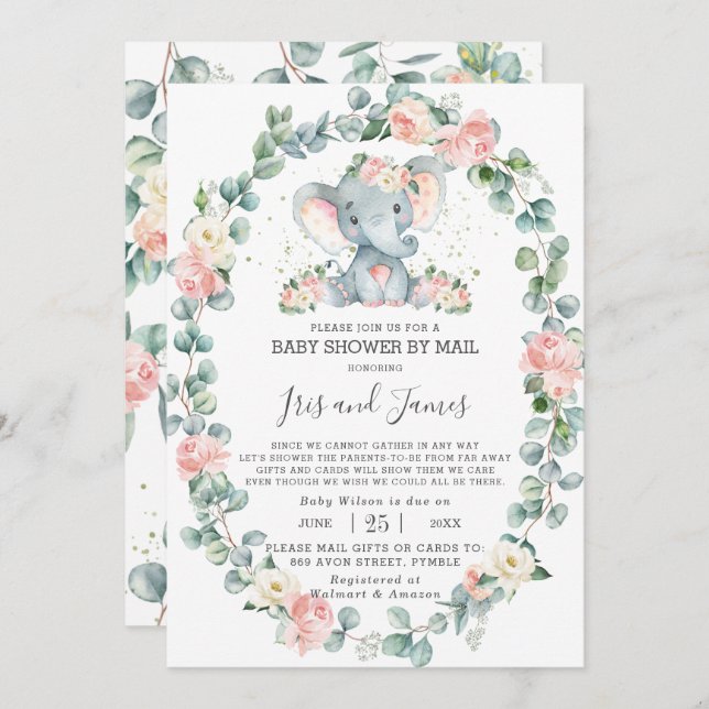 Elephant Blommigt Greenery Baby Shower by Mail Gir Inbjudningar (Fram/baksida)