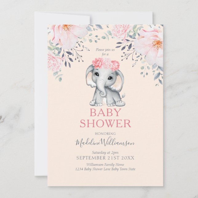 Elephant Blommigt Rosa Girl Baby Shower Inbjudningar (Framsida)