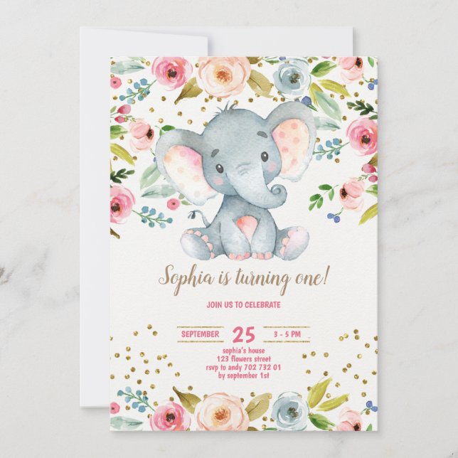 Elephant Blommigt Rustic Girl 1st Birthday  Inbjudningar (Framsida)