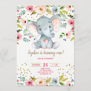 Elephant Blommigt Rustic Girl 1st Birthday  Inbjudningar