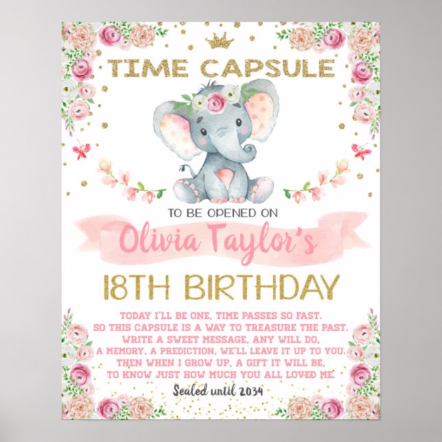 Elephant blommigt Time Capsule första födelsedagen Poster (Framsidan)