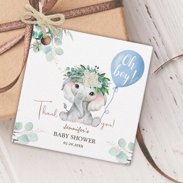 Elephant Blue Balloon Greenery Oh Boy Baby Shower Gåvor Etiketter (Skapare uppladdad)
