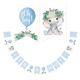 Elephant Blue Balloon sin Boy Bunting Flaggor