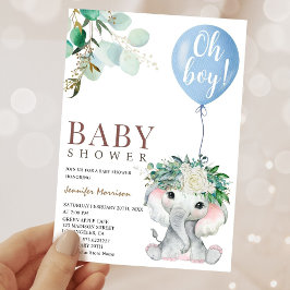 Elephant Blue Balloon Watercolor Baby Shower Inbjudningar