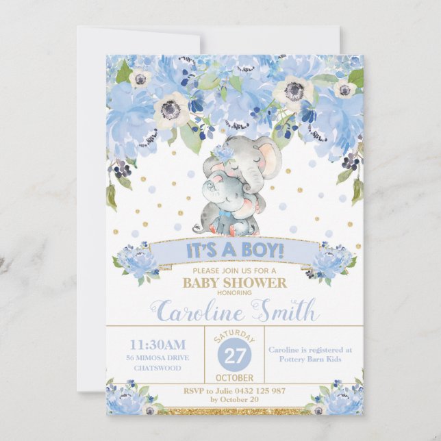 Elephant Blue Blommigt Baby Shower Boy Mamma och B Inbjudningar (Framsida)