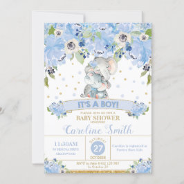 Elephant Blue Blommigt Baby Shower Boy Mamma och B Inbjudningar