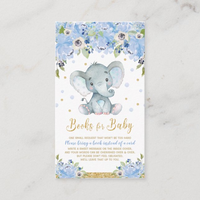Elephant Blue Blommigt Baby Shower för Bok Tilläggskort (Framsida)