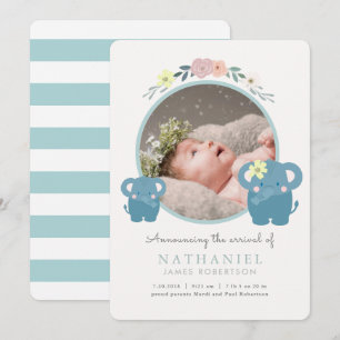 Elephant Blue Blommigt Boy Photo Birth Announcemen Inbjudningar