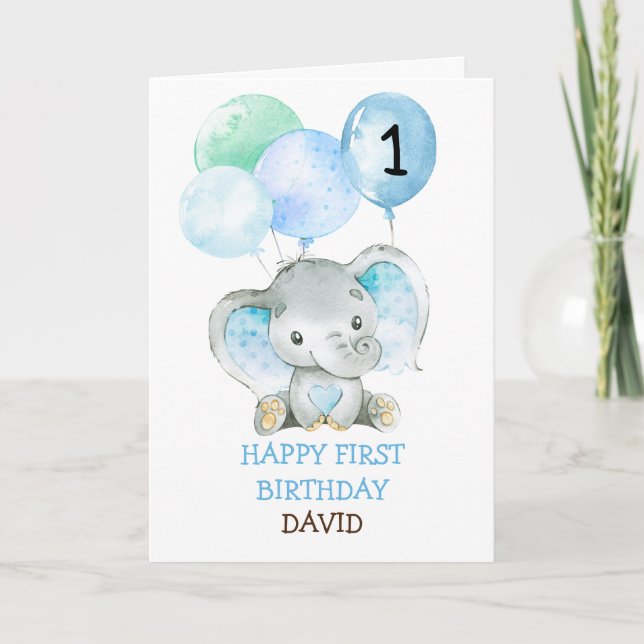 Elephant Blue Boy Fist Birthday Cute 1:a födelseda Kort (Framsida)