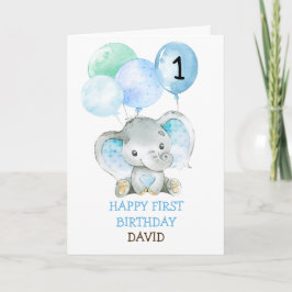 Elephant Blue Boy Fist Birthday Cute 1:a födelseda Kort