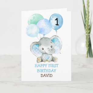 Elephant Blue Boy Fist Birthday Cute 1:a födelseda Kort