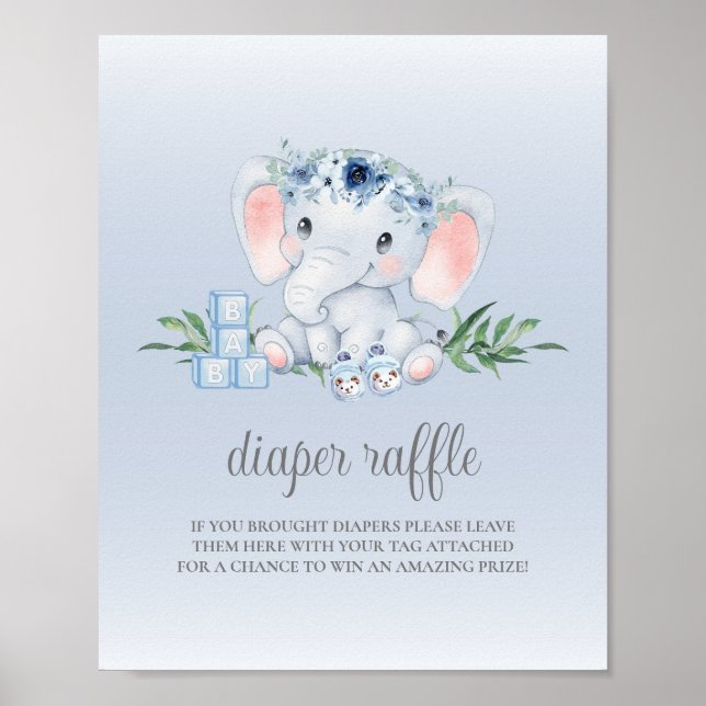 Elephant Blue Boy Shower Diaper Raffle Sign Poster (Framsidan)