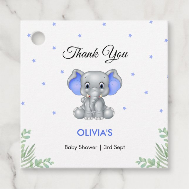 Elephant Blue Boy Shower Tack Gåvor Etiketter (Framsida)
