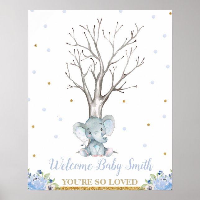Elephant Blue Boy Shower Thumbprint Träd Poster (Framsidan)