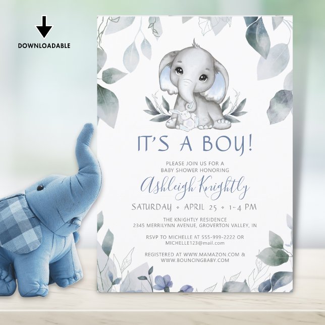Elephant Blue Boy Shower Watercolor Greenery Inbjudningar (Skapare uppladdad)